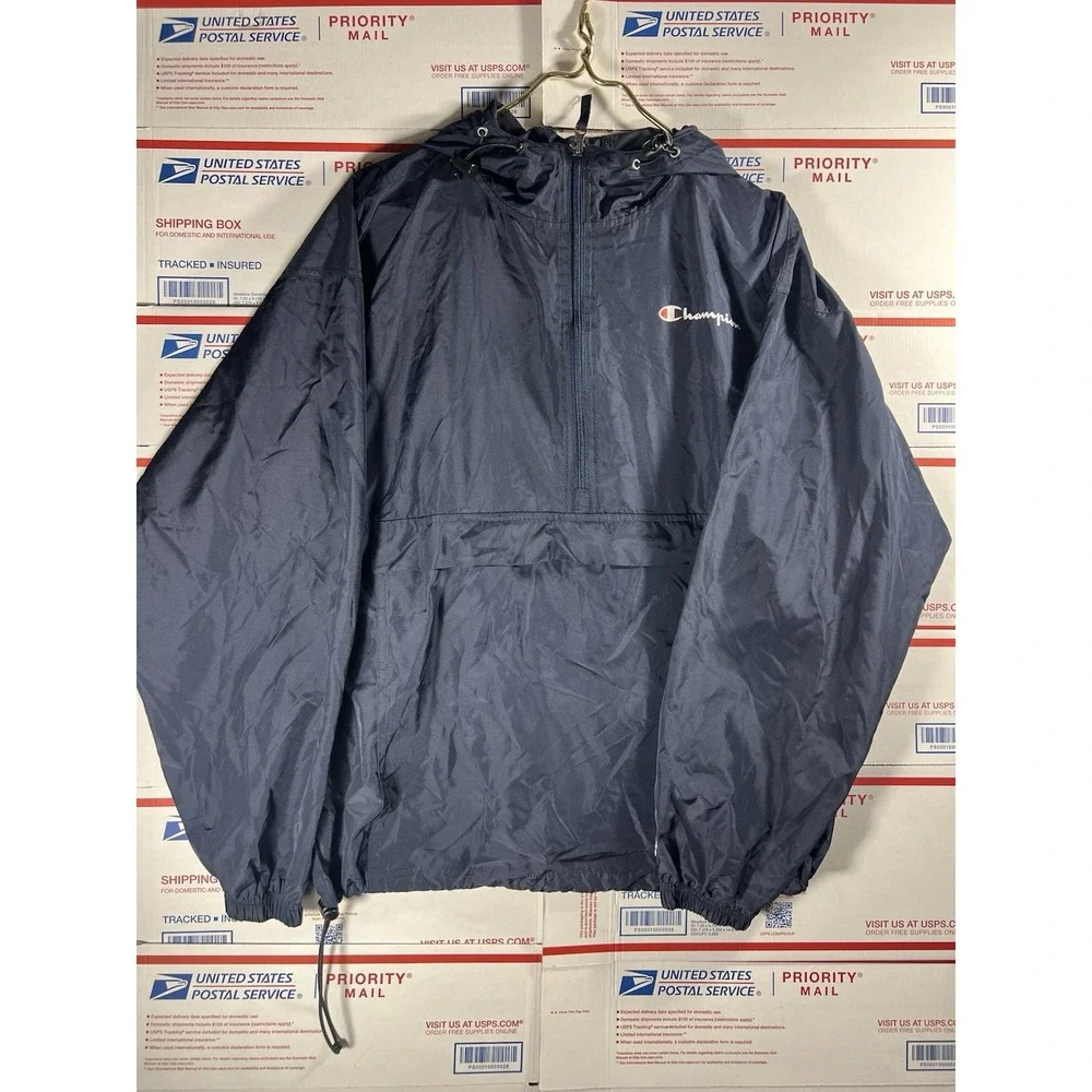 Champion Pullover Jacket Mens Large Hooded Windbreaker Black‎ Recycled Polyester